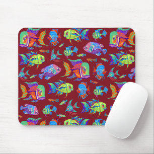 Fun tropical fishes on dark red mouse pad
