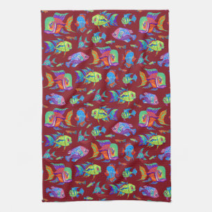 Fun tropical fishes on dark red tea towel