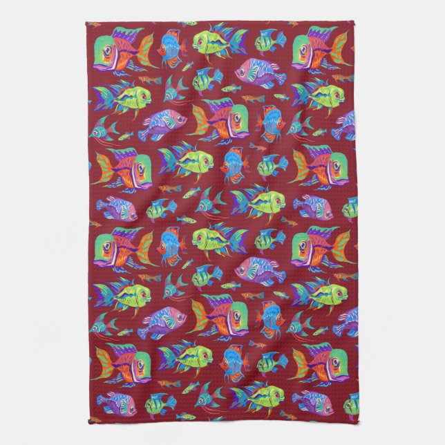Fun tropical fishes on dark red tea towel (Vertical)