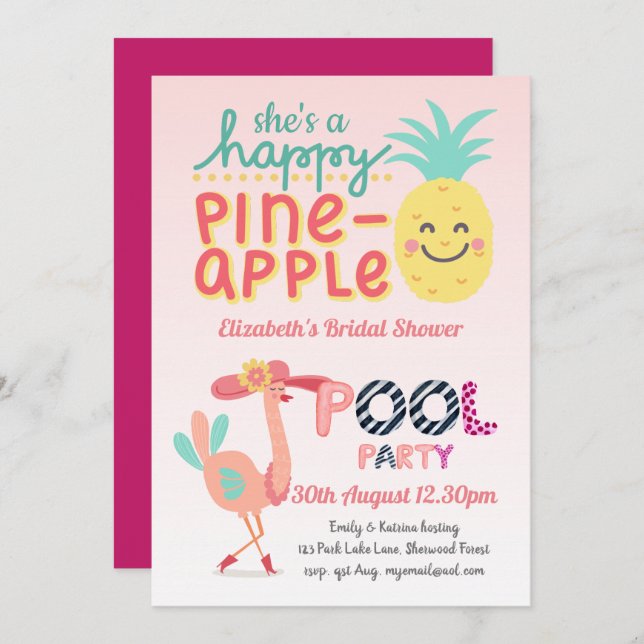 Fun Tropical Flamingo Pool Party Pink Blue Modern Invitation (Front/Back)