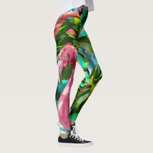 Fun Tropical Green Palm Pink Flamingos Vacation Leggings