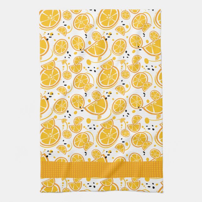 Fun Tropical Oranges Gingham Pattern Tea Towel (Vertical)