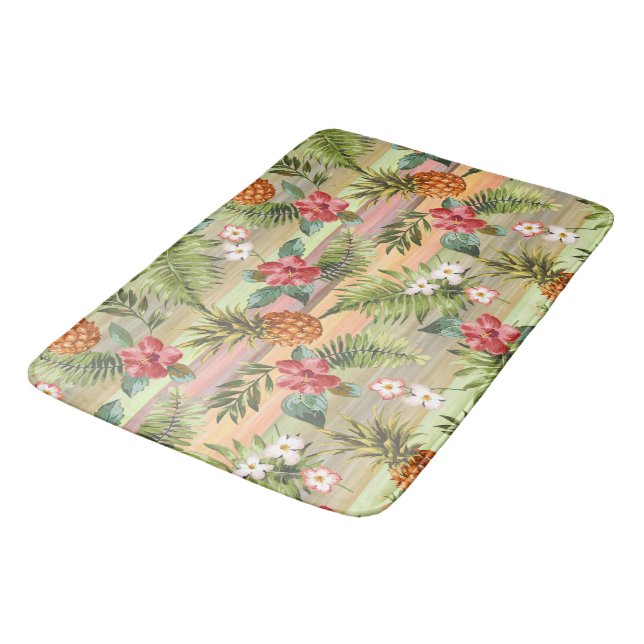 Fun Tropical Pineapple Fruit Floral Stripe Pattern Bath Mat (Angled)