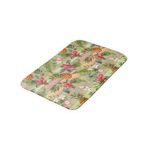 Fun Tropical Pineapple Fruit Floral Stripe Pattern Bath Mat