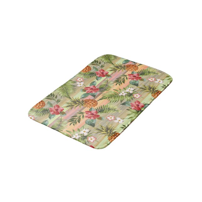 Fun Tropical Pineapple Fruit Floral Stripe Pattern Bath Mat (Angled)