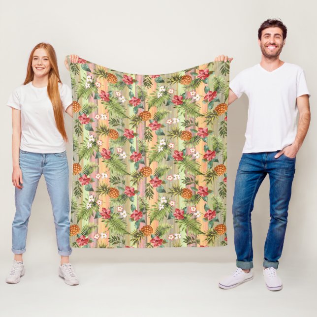 Fun Tropical Pineapple Fruit Floral Stripe Pattern Fleece Blanket (In Situ)