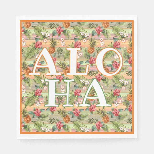 Fun Tropical Pineapple Fruit Floral Stripe Pattern Napkin (Front)