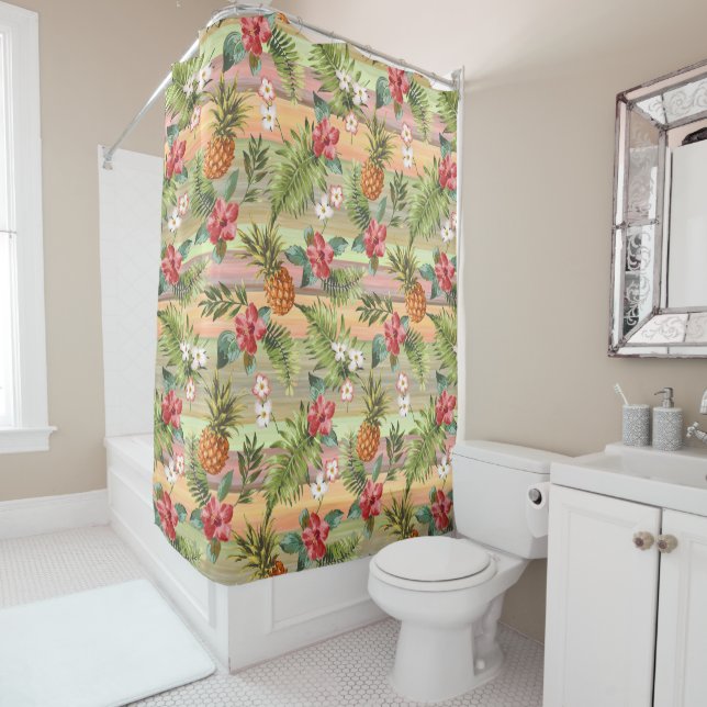 Fun Tropical Pineapple Fruit Floral Stripe Pattern Shower Curtain (In Situ)
