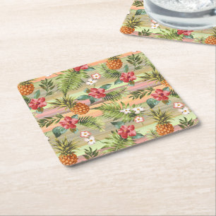 Fun Tropical Pineapple Fruit Floral Stripe Pattern Square Paper Coaster