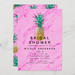 Fun Tropical Pineapple & Pink Marble Modern Bridal Invitation