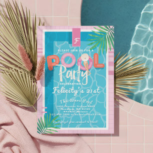 Fun Tropical Pink & Blue Illustrative Pool Party Invitation