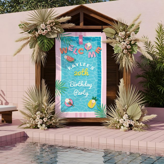 Fun Tropical Pink Pool Birthday Party Welcome Bann Banner (Fun Tropical Pink Pool Birthday Party Welcome Bann Banner)