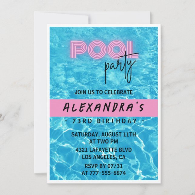 Fun Tropical Pink Pool party 73rd birthday Invitation (Front)
