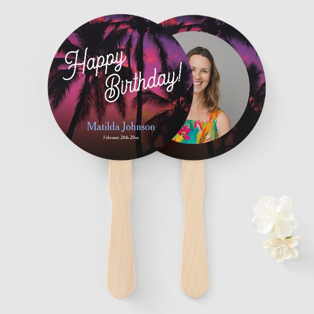 Fun Tropical Sunset Luau Birthday Party Hand Fan (Front and Back)