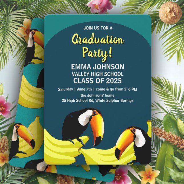 Fun Tropical Teal Bananas Toucans Graduation Party Invitation (Tropical teal graduation party invitations with exotic Toucan birds and bright yellow bananas)