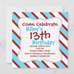 Fun Turquoise Blue Red and White Diagonal Stripes Invitation