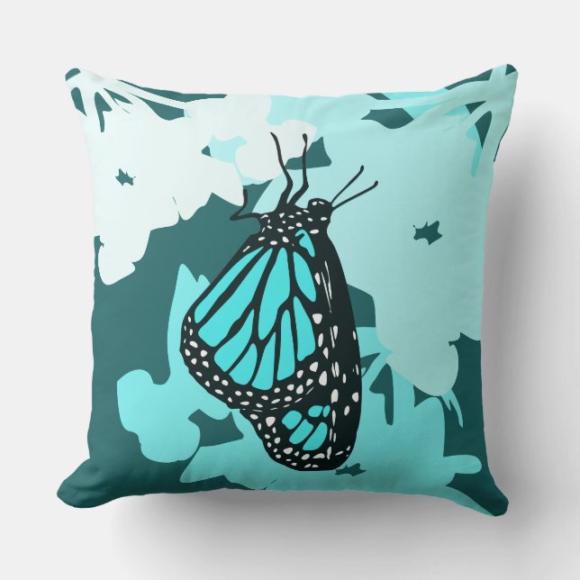 Fun Turquoise Butterfly On Blossom Cushion (Front)