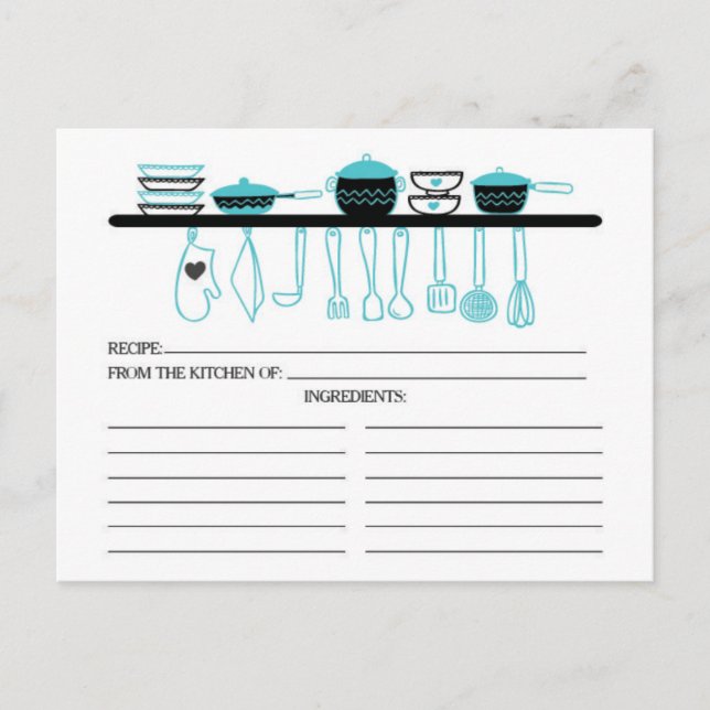 Fun Turquoise Kitchen Gadgets Bridal  Recipe Cards (Front)