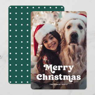 Fun Typography   Green and White Dots with Photo Holiday Card
