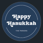 Fun Typography | Modern Blue Happy Hanukkah Classic Round Sticker<br><div class="desc">These fun and stylish holiday stickers say "Happy Hanukkah" in cute,  white retro boho typography on a modern blue background.</div>