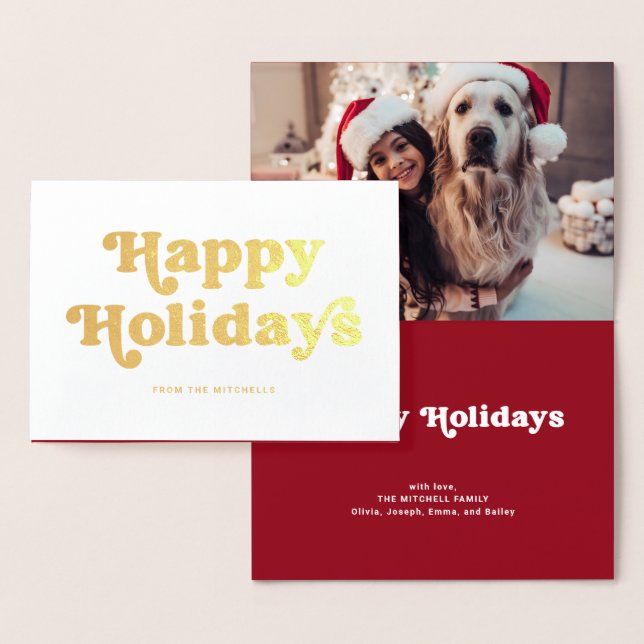 Fun Typography | Red Inside Happy Holidays Photo Foil Card (Display)