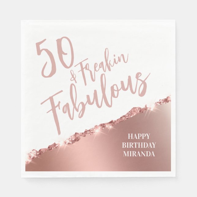 Fun Typography Rose Gold Fifty & Fabulous Birthday Napkin (Front)