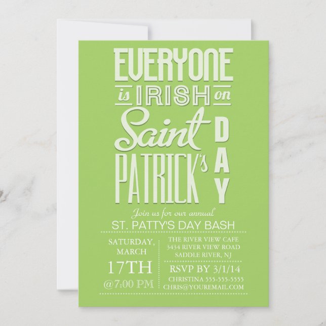 Fun Typography St. Patrick's Day Bash Dinner Party Invitation (Front)