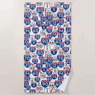 Fun U.S. Highway Signs and Map Random Pattern Beach Towel