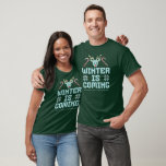 Fun Ugly Christmas Sweater Winter is Coming Shirt<br><div class="desc">Get into the holiday spirit with this Fun Ugly Christmas Sweater-themed T-shirt! Perfect for matching family outfits,  it features a playful "Winter is Coming" design,  customisable with your family name. Cosy,  festive,  and full of holiday cheer!</div>