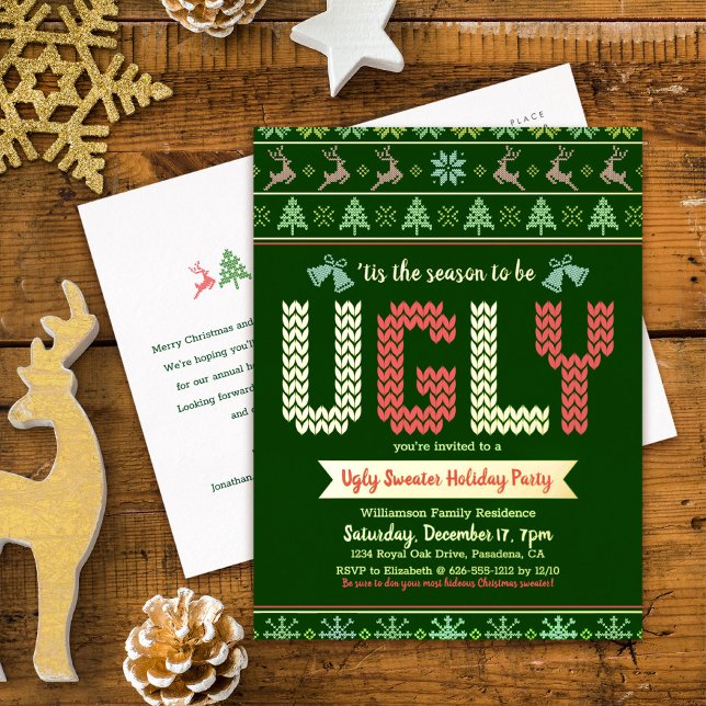 Fun Ugly Sweater Christmas Holiday Party Real Gold Foil Invitation Postcard (Creator Uploaded)