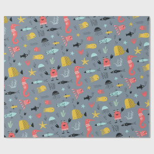Fun under the sea cute cartoon ocean animals grey wrapping paper