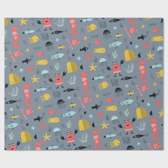 Fun under the sea cute cartoon ocean animals grey wrapping paper (Flat)