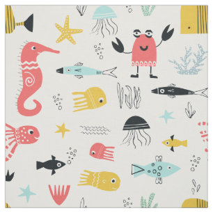 Fun under the sea cute cartoon ocean animals white fabric
