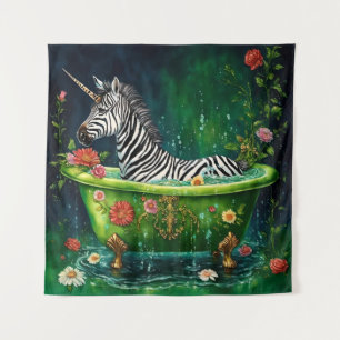 Fun Unicorn Zebra in a Bathtub Tapestry