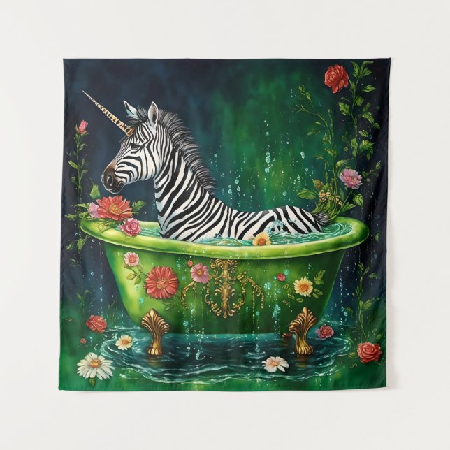 Fun Unicorn Zebra in a Bathtub Tapestry (Front)