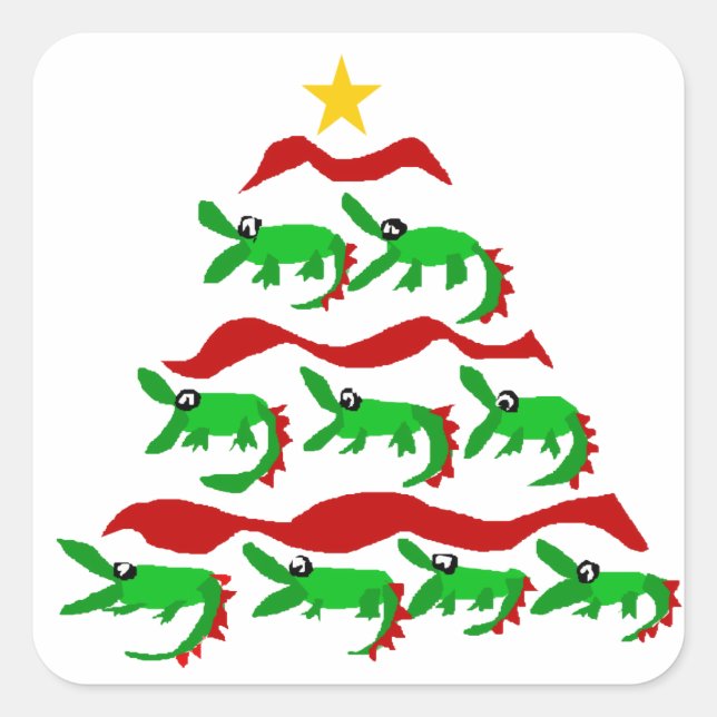 Fun Unique Alligator Art Christmas Tree Square Sticker (Front)