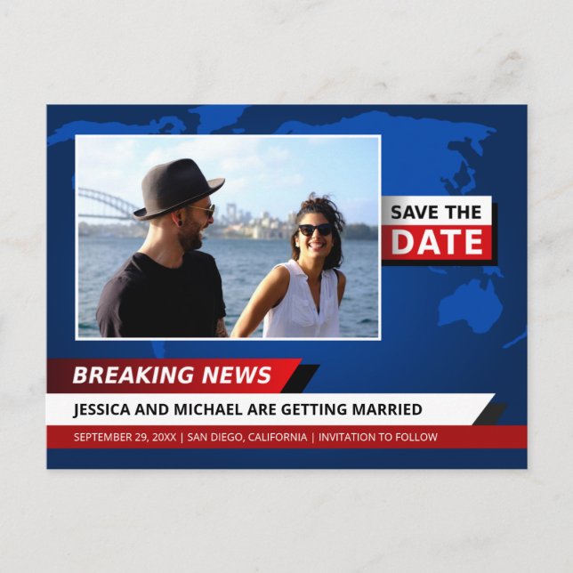 Fun Unique Breaking News TV Photo Save The Date Invitation Postcard (Front)