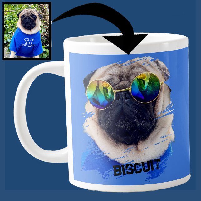 Fun Unique Pug Sunglasses Dog Dad Lover Photo Blue Large Coffee Mug (Creator Uploaded)