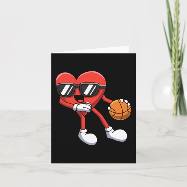 Fun Valentines Day Heart Playing Basketball Boys K Card (Front)