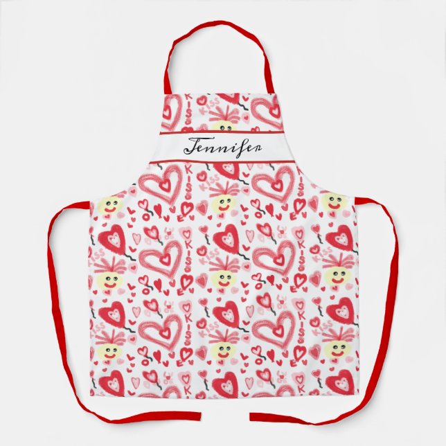 Fun Valentines Red Pink Heart Doodle Personalised Apron (Front)