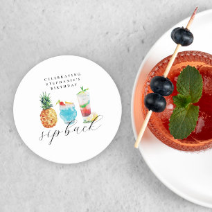 Fun Vibrant Sip Back Cocktails Birthday Party Round Paper Coaster