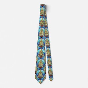 Fun Vibrant Stained Glass Christmas Tree Pattern Tie