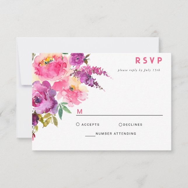 Fun Vibrant Violet Fuchsia Floral RSVP Card (Front)