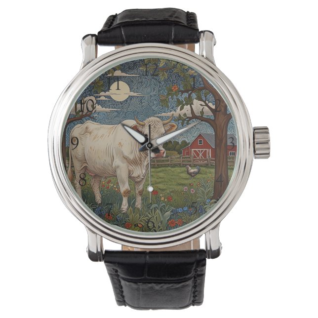Fun vintage cow in pasture scene watch (Front)