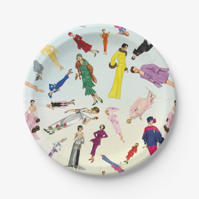 Fun Vintage Dresses Fashion Illustration Pattern Paper Plate (Front)
