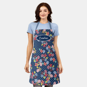 Fun Vintage Flowers Polkadots Pattern On Blue Apron