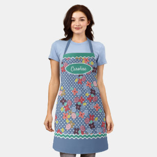 Fun Vintage Flowers Polkadots Pattern On Blue Apron
