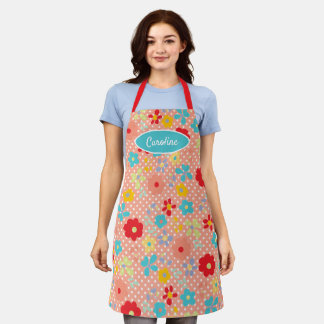 Fun Vintage Flowers Polkadots Pattern On Coral Apron