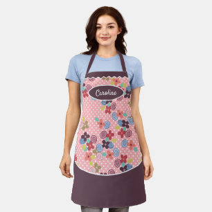 Fun Vintage Flowers Polkadots Pattern Pink Purple Apron