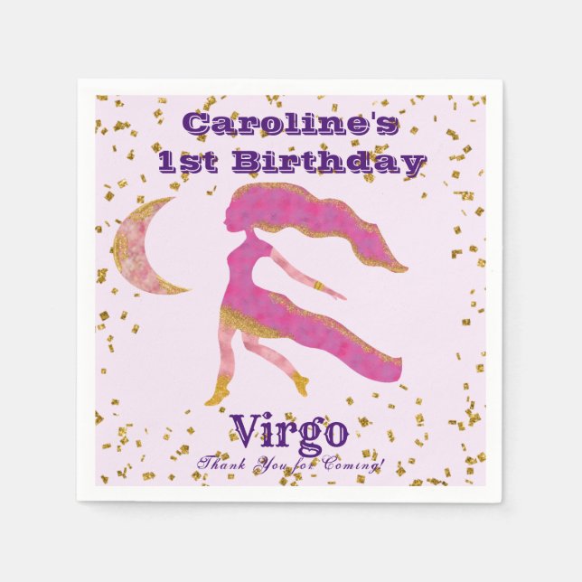 Fun Virgo First Birthday & Gold Confetti Napkin (Front)